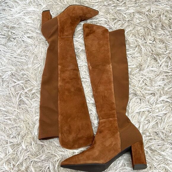 NWOB Stuart Weitzman Carly 5050 Suede Stretch Over The Knee Boots in Coffee sz 5 - Picture 4 of 11